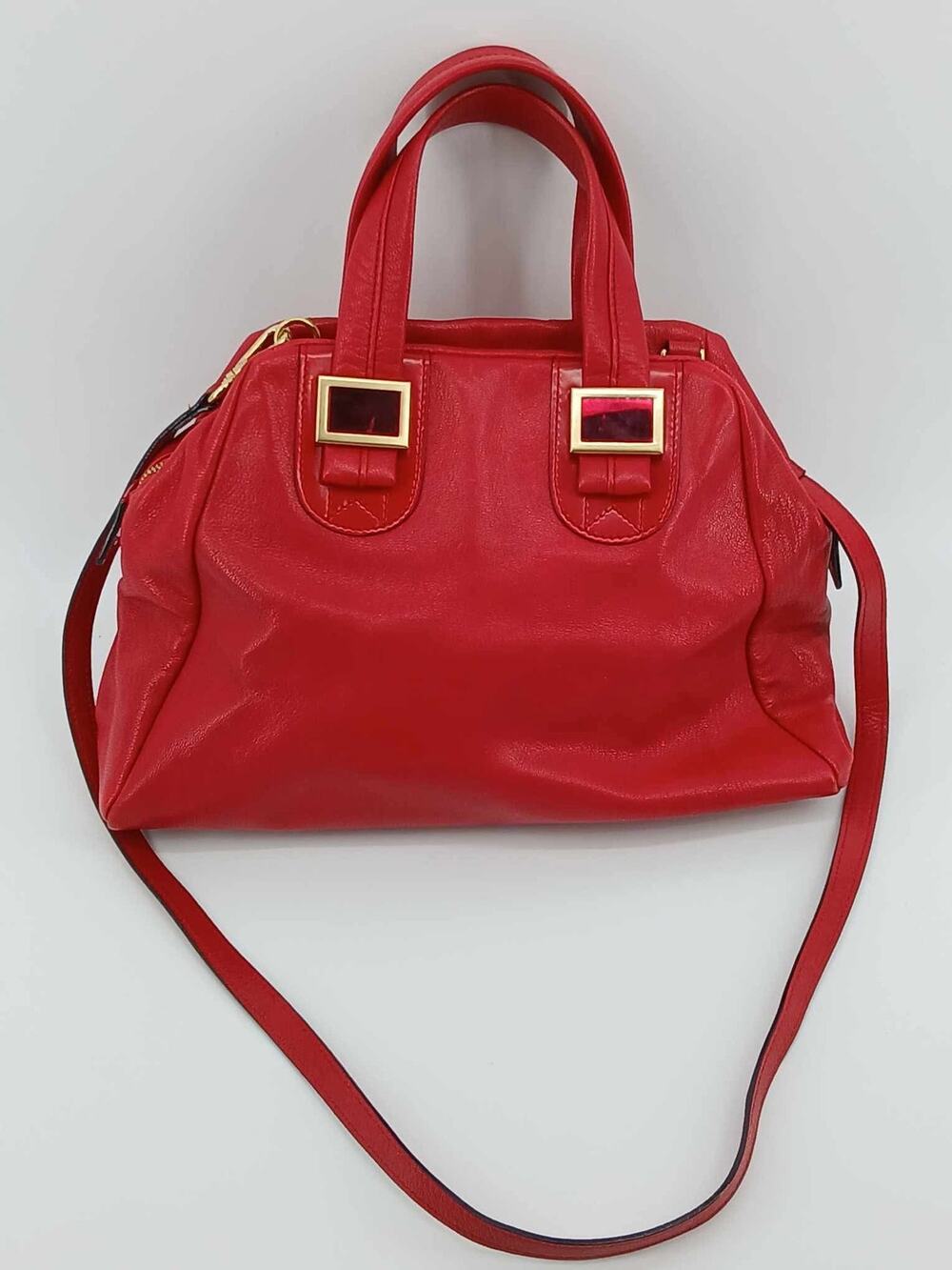 Red Leather handbag, Meredith Wendell satchel with crossbody strap